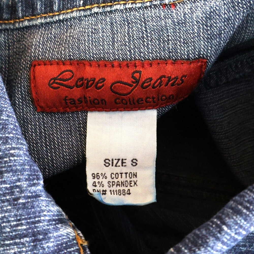 Love Jeans Cropped Denim Jacket Womens Size S Blue Dark Wash Rhinestones Pockets - Picture 8 of 8
